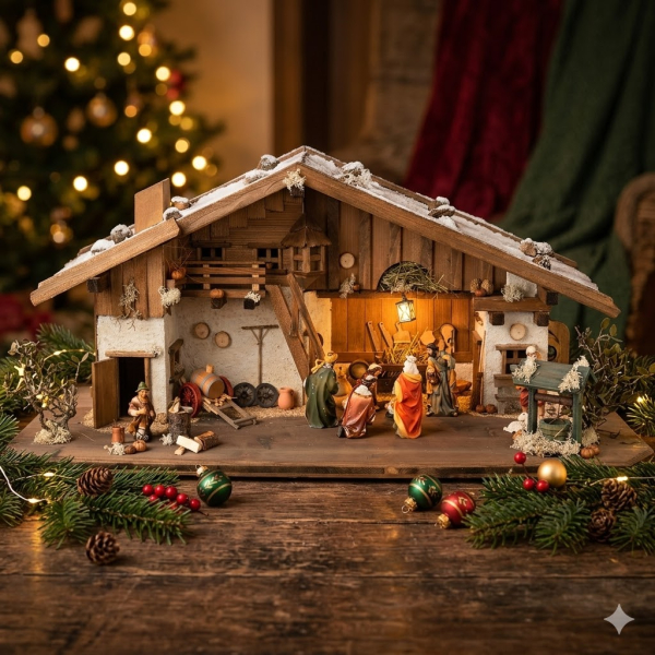 Stimmungsvolle Weihnachtskrippe Gotthard dunkel inkl. 12-tlg. Figurensatz K 001, Maße Krippe: ca. 90 x 40 x 40 cm